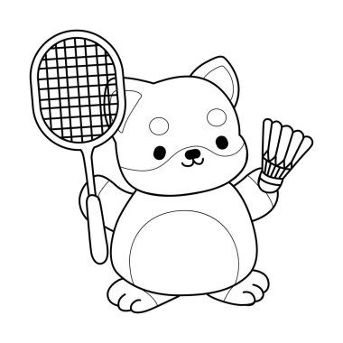 Şirin Shiba Inu 'nun boyama sayfaları. Badminton oynayan Shiba Inu 'nun taslağı.