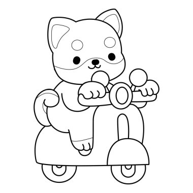 Şirin Shiba Inu 'nun boyama sayfaları. Mobilete binen Shiba Inu 'nun taslağı.