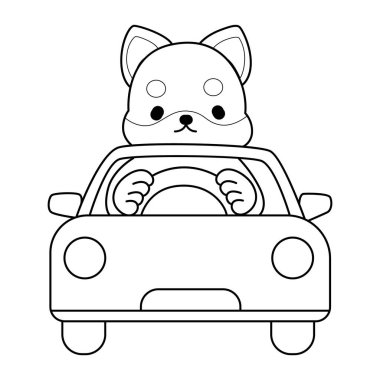 Şirin Shiba Inu 'nun boyama sayfaları. Shiba Inu 'nun araba sürüşünün taslağı.