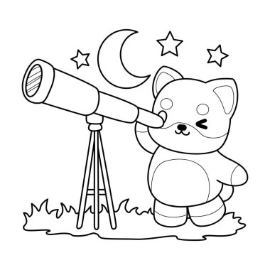 Şirin Shiba Inu 'nun boyama sayfaları. Shiba inu 'nun ana hatları Ay' ı teleskopla görüyor