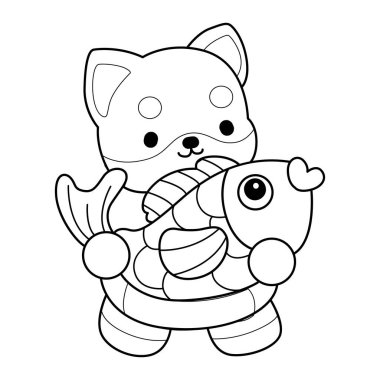 Şirin Shiba Inu 'nun boyama sayfaları. Shiba inu 'nun ana hatları altın bir balık getirir.