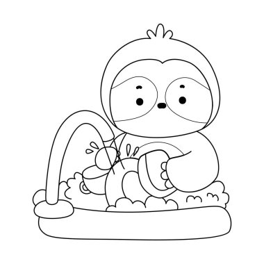 Sevimli tembellerin boyama sayfaları. Lavabodaki tabağı temizleyen miskin hayvan çizgisi.