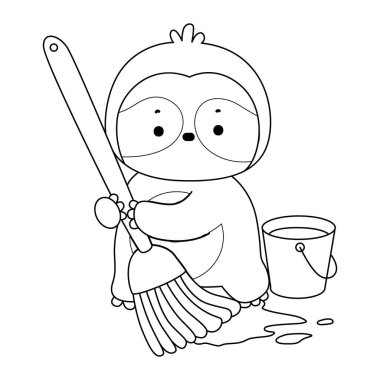 Sevimli tembellerin boyama sayfaları. Yerleri paspas ve suyla temizleyen tembel hayvan çizgisi