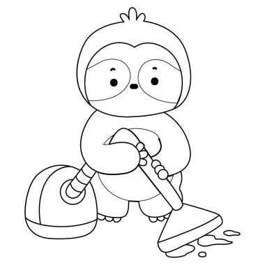 Sevimli tembellerin boyama sayfaları. Elektrik süpürgesiyle zemini temizleyen miskin hayvan çizgisi