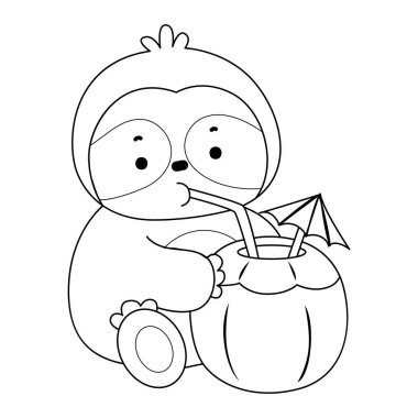 Sevimli tembellerin boyama sayfaları. Tembel hayvan çizgisi hindistan cevizi içkisi içiyor.