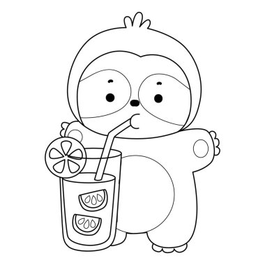 Sevimli tembellerin boyama sayfaları. Tembel hayvan portakal suyu içiyor.
