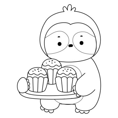Sevimli tembellerin boyama sayfaları. Tembel hayvan ana hatlarıyla üç top kek getir.