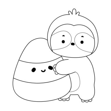 Sevimli tembellerin boyama sayfaları. Cadılar bayramında sarı bir şekeri kucaklayan tembel hayvan çizgisi