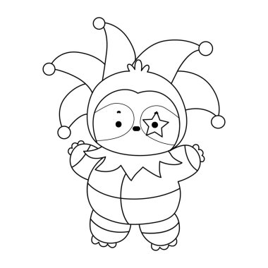 Sevimli tembellerin boyama sayfaları. Cadılar Bayramı 'nda palyaço kostümlü tembel hayvan taslağı.