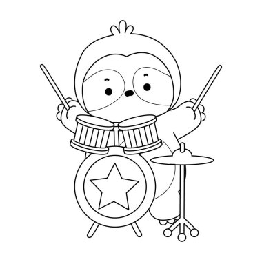 Sevimli tembellerin boyama sayfaları. Grupta davul çalan tembel hayvan taslağı