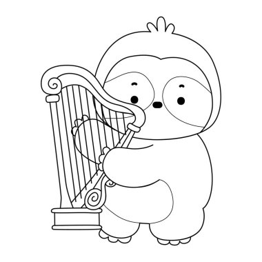 Sevimli tembellerin boyama sayfaları. Harpa çalan tembel hayvan taslağı.