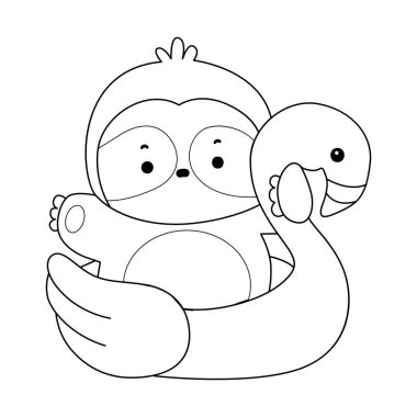 Sevimli tembellerin boyama sayfaları. Flamingo lastiğine takılmış miskin hayvan çizgisi