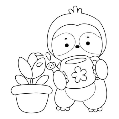 Sevimli tembellerin boyama sayfaları. Bir bitkiyi sulayan tembel hayvan taslağı.