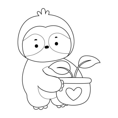 Sevimli tembellerin boyama sayfaları. Tembel hayvan çizgisi tencereye yaprak getirir.