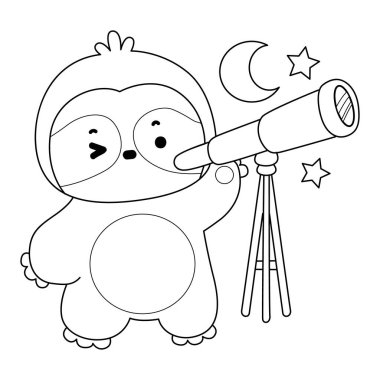 Sevimli tembellerin boyama sayfaları. Tembel hayvan çizgisi Ay 'ı teleskopla görüyor