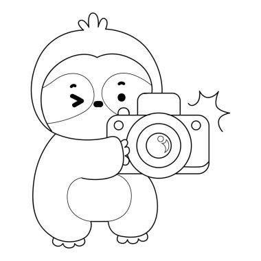 Sevimli tembellerin boyama sayfaları. Kamerayla fotoğraf çeken tembel hayvan taslağı.