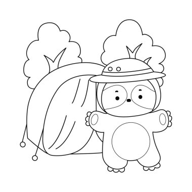 Sevimli tembellerin boyama sayfaları. Kamp alanının önündeki miskin hayvan taslağı.