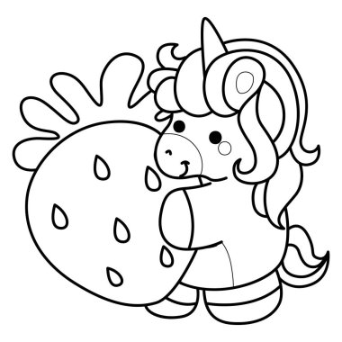 Çocuk kitabını boyamak için basılabilir tek boynuzlu at şablonları. Tek boynuzlu atın ana hatları çilek getirir.