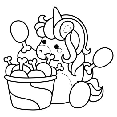 Çocuk kitabını boyamak için basılabilir tek boynuzlu at şablonları. Tek boynuzlu atın taslağı bir kova kızarmış tavuk getirir.