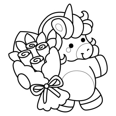 Çocuk kitabını boyamak için basılabilir tek boynuzlu at şablonları. Gül buketli tek boynuzlu atın ana hatları