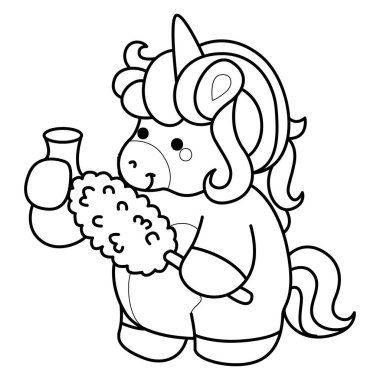 Çocuk kitabını boyamak için basılabilir tek boynuzlu at şablonları. Vazoyu toz beziyle temizleyen tek boynuzlu atın ana hatları.