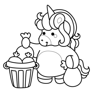 Çocuk kitabını boyamak için basılabilir tek boynuzlu at şablonları. Tek boynuzlu atın ana hatları çöpü yerine koy.