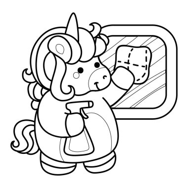 Çocuk kitabını boyamak için basılabilir tek boynuzlu at şablonları. Pencereyi sprey ve silme ile temizleyen tek boynuzlu atın ana hatları