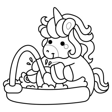 Çocuk kitabını boyamak için basılabilir tek boynuzlu at şablonları. Lavaboda tabak yıkayan tek boynuzlu atın ana hatları.