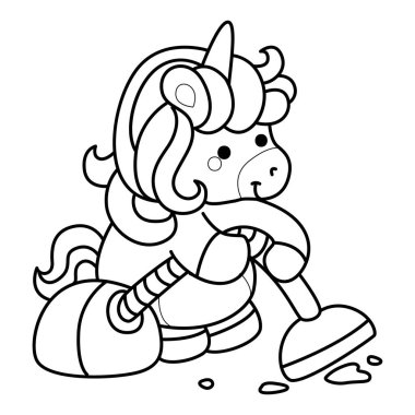 Çocuk kitabını boyamak için basılabilir tek boynuzlu at şablonları. Yerleri elektrikli süpürgeyle temizleyen tek boynuzlu atın ana hatları