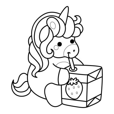 Çocuk kitabını boyamak için basılabilir tek boynuzlu at şablonları. Çilekli süt içen tek boynuzlu atın ana hatları.