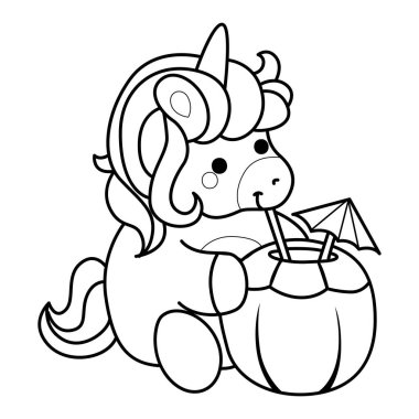 Çocuk kitabını boyamak için basılabilir tek boynuzlu at şablonları. Hindistan cevizi içen tek boynuzlu atın ana hatları.