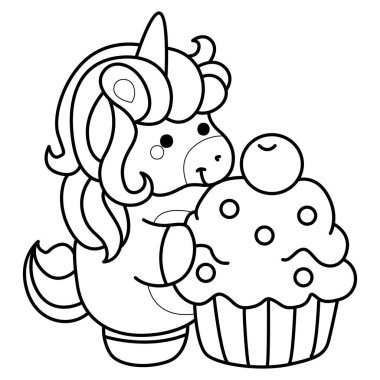 Çocuk kitabını boyamak için basılabilir tek boynuzlu at şablonları. Tek boynuzlu atın ana hatları kremalı bir kek getirir.