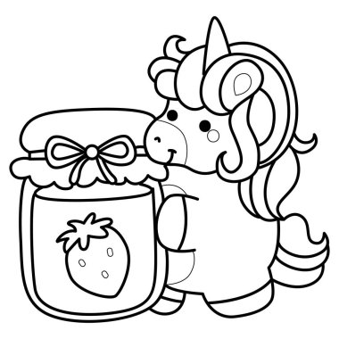 Çocuk kitabını boyamak için basılabilir tek boynuzlu at şablonları. Tek boynuzlu atın ana hatları çilek reçeli getirir