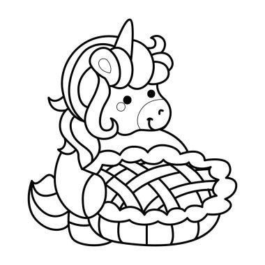 Çocuk kitabını boyamak için basılabilir tek boynuzlu at şablonları. Tek boynuzlu atın ana hatları kirazlı turta getirir