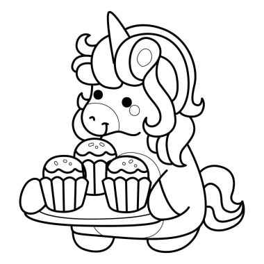 Çocuk kitabını boyamak için basılabilir tek boynuzlu at şablonları. Tek boynuzlu atın ana hatlarıyla üç top kek getir.