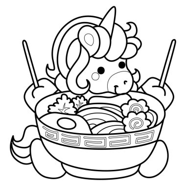 Çocuk kitabını boyamak için basılabilir tek boynuzlu at şablonları. Tek boynuzlu atın ana hatları erişte yemek istiyor.