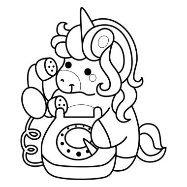 Çocuk kitabını boyamak için basılabilir tek boynuzlu at şablonları. Tek boynuzlu atın telefonla aramasının ana hatları