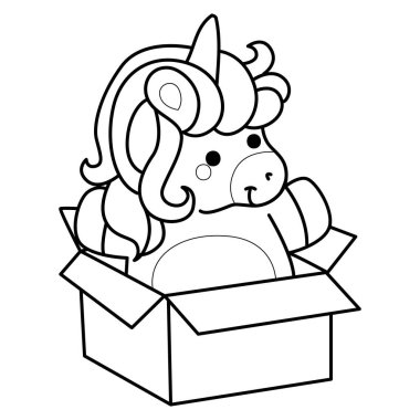 Çocuk kitabını boyamak için basılabilir tek boynuzlu at şablonları. Kutudaki tek boynuzlu atın ana hatları