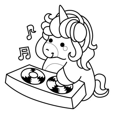 Çocuk kitabını boyamak için basılabilir tek boynuzlu at şablonları. Barda disk çalan tek boynuzlu atın taslağı.