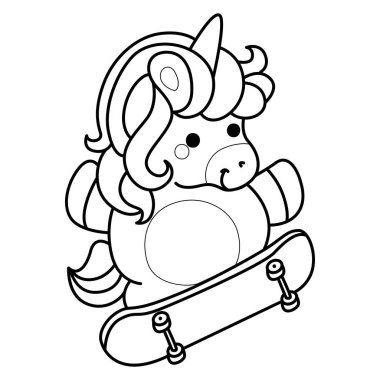 Çocuk kitabını boyamak için basılabilir tek boynuzlu at şablonları. Tek boynuzlu atın kaykay oynaması.