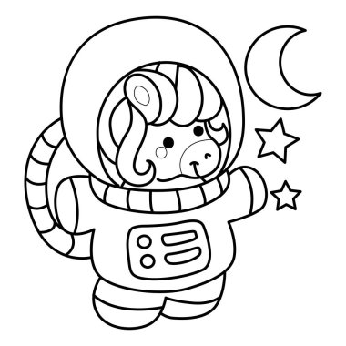 Çocuk kitabını boyamak için basılabilir tek boynuzlu at şablonları. Bir astronot gibi tek boynuzlu atın ana hatları