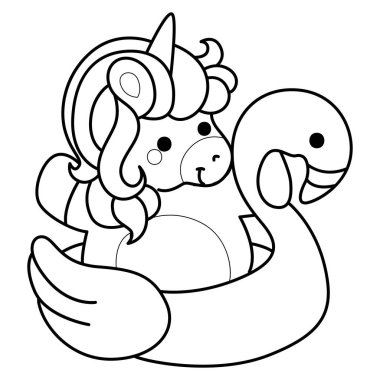 Çocuk kitabını boyamak için basılabilir tek boynuzlu at şablonları. Flamingo lastiğine takılmış tek boynuzlu atın ana hatları