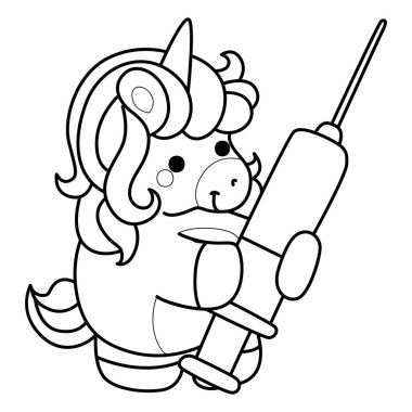 Çocuk kitabını boyamak için basılabilir tek boynuzlu at şablonları. Tek boynuzlu atın taslağı bir şırınga getir.