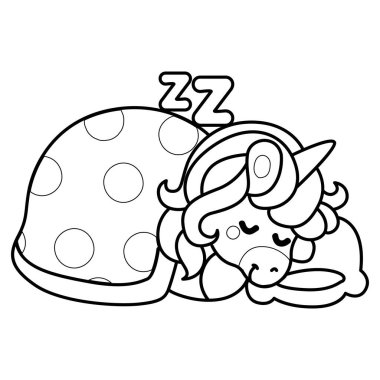 Çocuk kitabını boyamak için basılabilir tek boynuzlu at şablonları. Tek boynuzlu atın ana hatları uyuyordu.