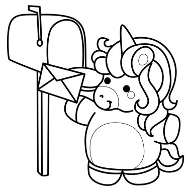 Çocuk kitabını boyamak için basılabilir tek boynuzlu at şablonları. Tek boynuzlu atın posta kutusuyla mesaj gönderme taslağı