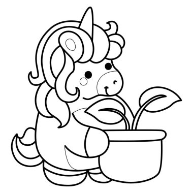 Çocuk kitabını boyamak için basılabilir tek boynuzlu at şablonları. Tek boynuzlu atın ana hatları tencereye bir yaprak getirir.