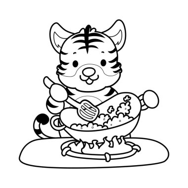 Çocuklar için şirin kaplan karakter klipsi sanatı boyama kitabı. Kızarmış pirinç pişiren kaplanın taslağı.