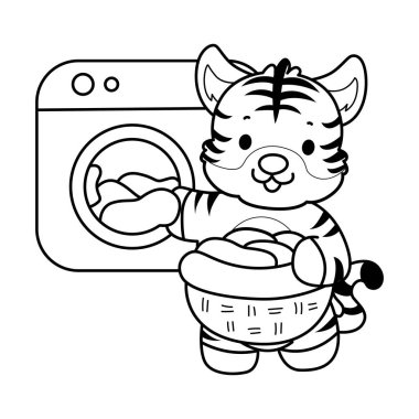 Çocuklar için şirin kaplan karakter klipsi sanatı boyama kitabı. Çamaşır makinesinde çamaşır yıkayan kaplanın ana hatları.