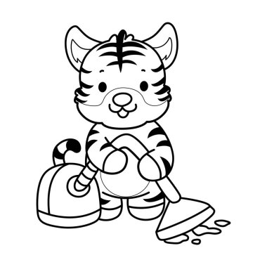 Çocuklar için şirin kaplan karakter klipsi sanatı boyama kitabı. Yerleri elektrikli süpürgeyle temizleyen kaplan taslağı.