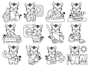 Çocuklar için şirin kaplan karakter klipsi sanatı boyama kitabı. Günlük ev işleri ve temizlik işlerinde kaplanın ana hatları